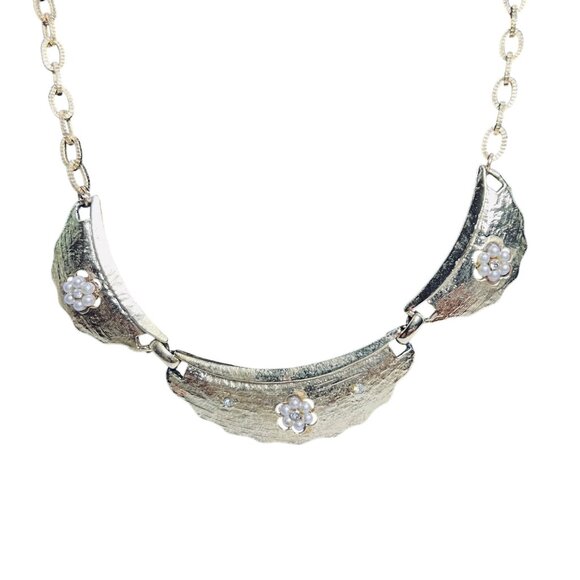 Gold Tone, Faux Pearl & Rhinestone Statement Necklace W/ Clip On Earrings (5727) - Picture 3 of 9